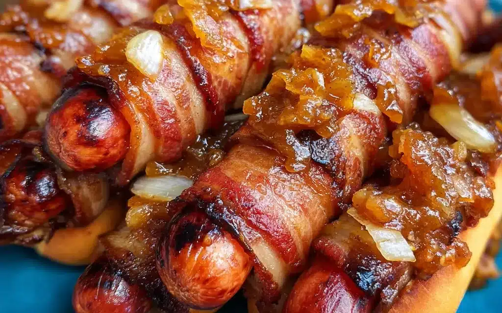Bacon-Wrapped Hot Dogs with Bourbon-Infused Onion Sauce