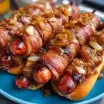 Bacon-Wrapped Hot Dogs with Bourbon-Infused Onion Sauce