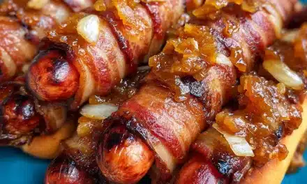 Bacon-Wrapped Hot Dogs with Bourbon-Infused Onion Sauce