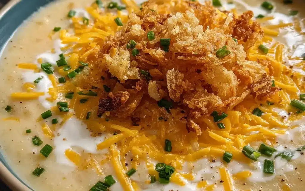 Irresistible Potato Soup with Crispy Hashbrowns