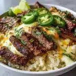 Creamy Queso Rice with Juicy Steak Strips