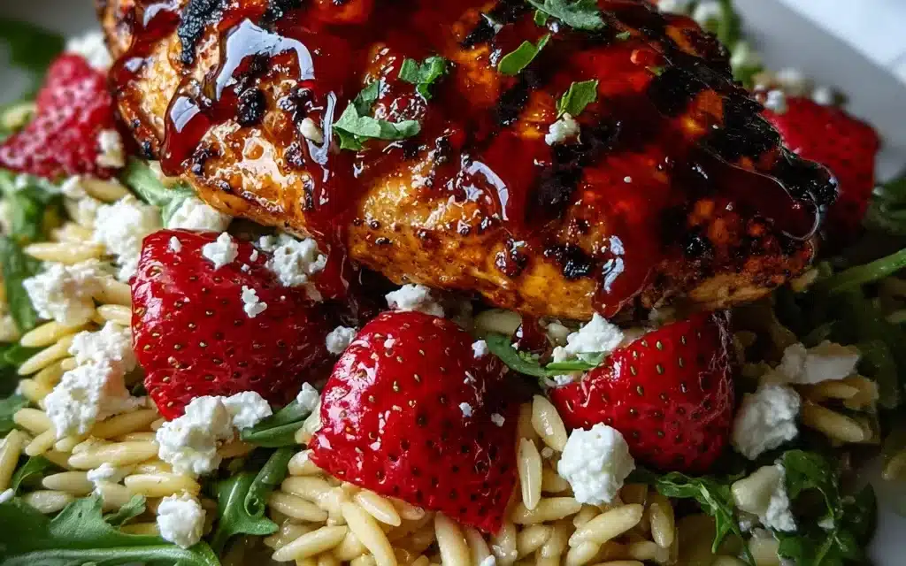 Grilled Chicken with Strawberry Balsamic Glaze & Ricotta Salata Orzo Salad – A Quick and Flavorful Weeknight Meal