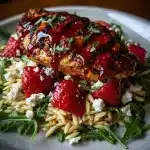 Grilled Chicken with Strawberry Balsamic Glaze & Ricotta Salata Orzo Salad