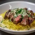 Keto Low Carb Steak Gorgonzola Alfredo Spaghetti Squash