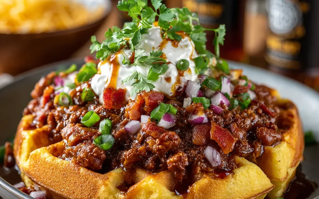 Maple Bacon Bourbon Chili On Cornbread Waffle – A Comforting Delight
