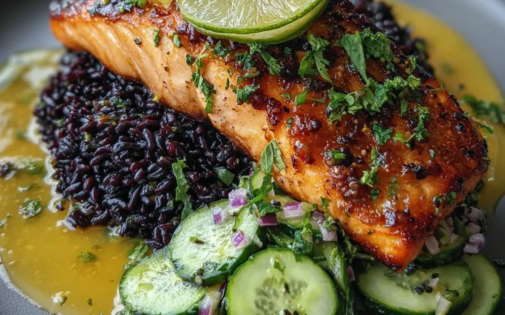 Miso Salmon with Black Rice and Coconut Cucumber Salad