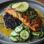 Miso Salmon with black rice and coconut cucumber salad