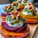 Sweet Potatoes With Burrata, Roasted Beets, And Walnut Sage Pesto
