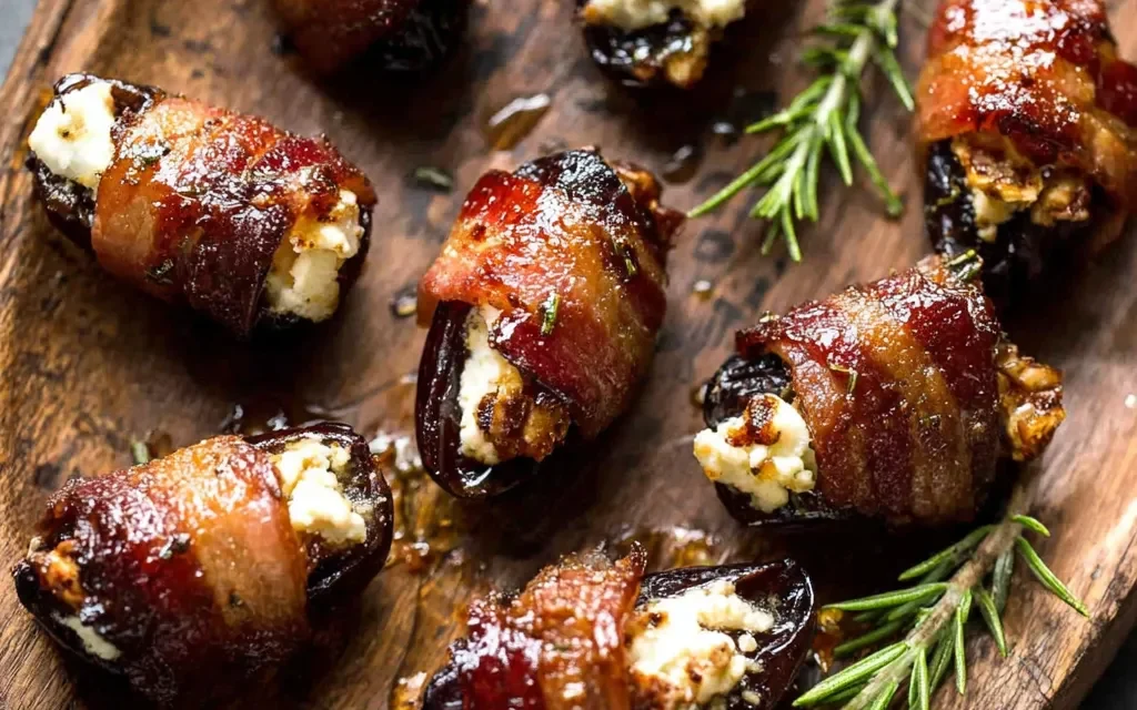 Goat Cheese Stuffed Bacon Wrapped Dates with Rosemary Honey