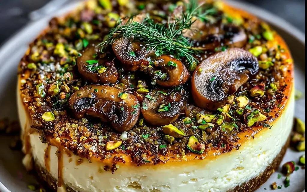 Pistachio and Mushroom Cheesecake with Feta & Parmesan Crust – A Savory Delight
