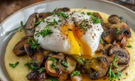 Poached Eggs over Creamy Polenta with Mushrooms & Truffle Oil